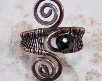 Black Crystal Ring in Copper, Wire Wrapped Ring, Wire Ring, Hammered Copper Ring