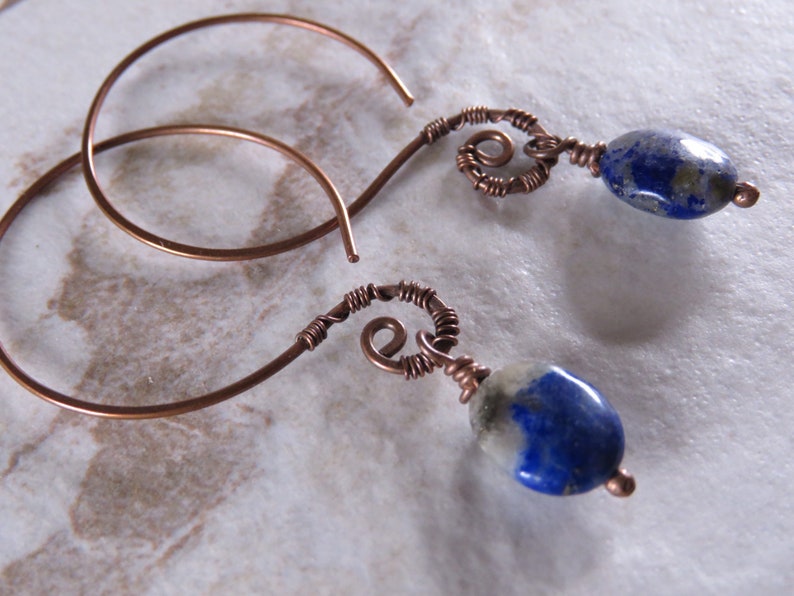 Open Hoop Earrings in Copper with Blue Sodalite Stone