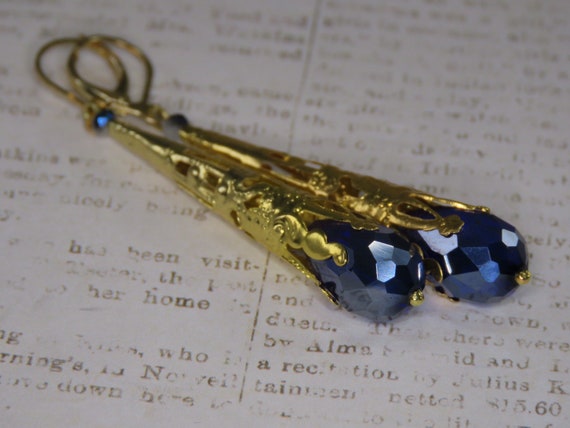 Victorian Trading Company Sapphire Blue Crystal Filigree Dangle Earrings 