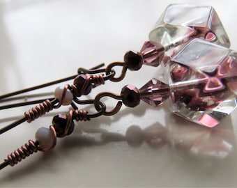 Purple Rain Earrings, Violet Crystal Earrings, Copper Earrings, Wire Wrapped Earrings, Kidney Wire Earrings, Ice Cubes