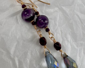 Amethyst Earrings in Pure Bronze Dog Tooth Amethyst Earrings Dangle Earrings