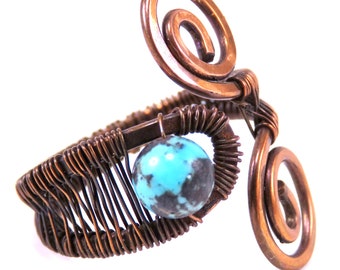 Copper Turquoise Ring, wire wrapped, size 9, pass through band, hammered copper Viking or Celtic replica