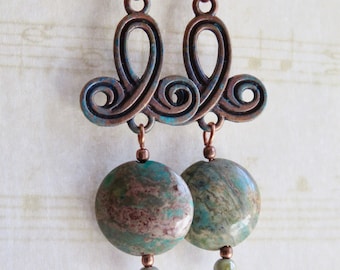 Antiqued Copper with Green Jasper Stone Dangle Earrings, Celtic Earrings, Viking Earrings