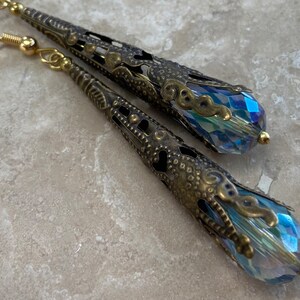 Gold Plate Victorian Filigree Earrings, with Aquamarine Colored Crystal in Antiqued Gold image 5