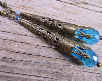 Victorian Filigree Earrings, with Teal Crystal in Antiqued Brass