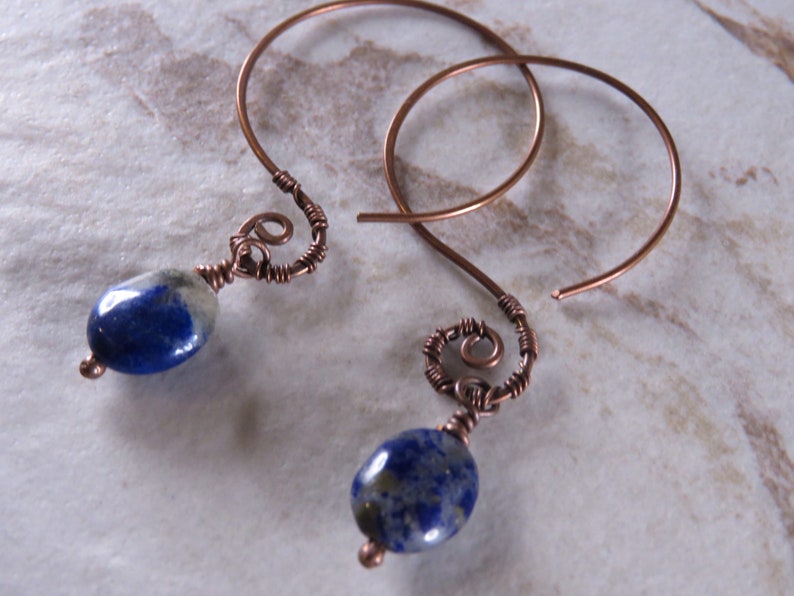 Open Hoop Earrings in Copper with Blue Sodalite Stone