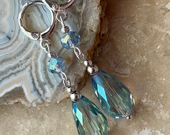 Silver Hoop Earrings with Aquamarine Colored Crystal Drops-Edwardian Earrings-Bridal Earrings