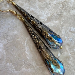 Gold Plate Victorian Filigree Earrings, with Aquamarine Colored Crystal in Antiqued Gold image 4