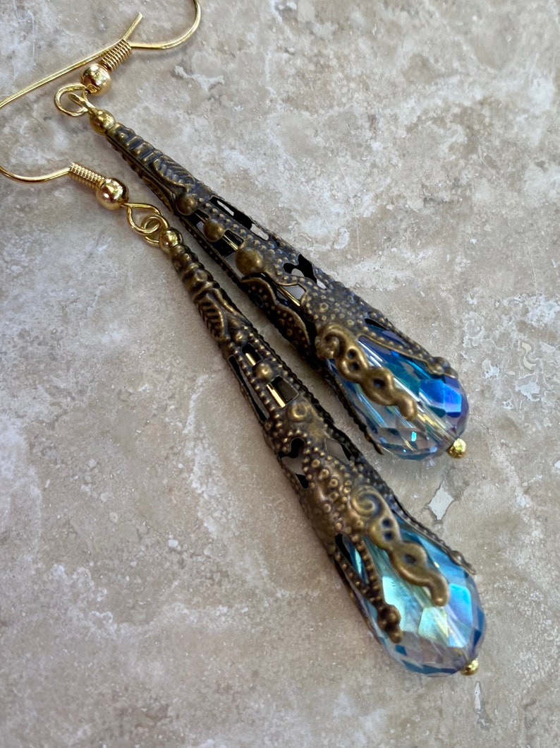 Gold Plate Victorian Filigree Earrings, with Aquamarine Colored Crystal in Antiqued Gold image 4