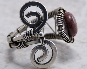 Sterling Silver Purple Jasper Wire Wrapped Ring Adjustable Open