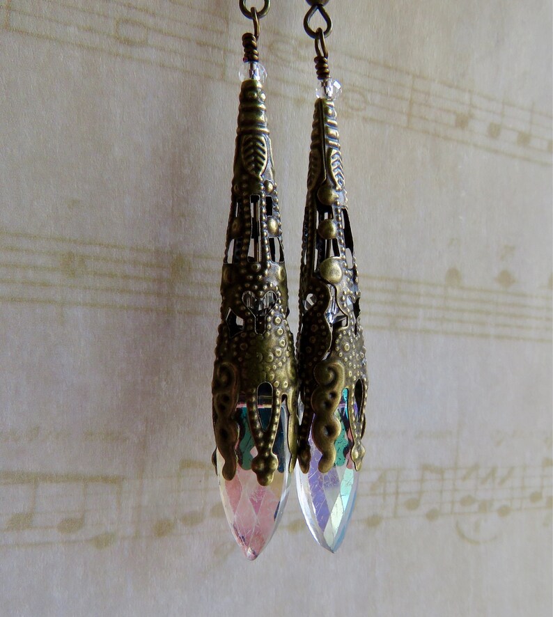 Long Antiqued Brass Filigree Cone Sparkling Earrings Gold Earrings Handmade Jewelry Handmade Earrings Colorado Jewelry image 4