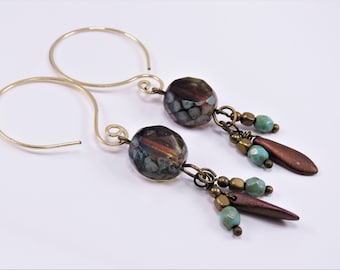 Bronze Open Hoop Earrings with Czech Glass Dangle Earrings, Cluster Earrings, Hoop Dangle Earrings, Gold Dangles