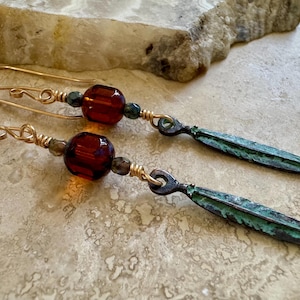 Boho Bronze Feather Dangle Earrings with Czech Glass in Teal And Russett, Pure Bronze Handmade Earwires