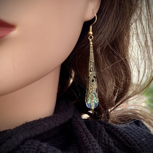 Gold Plate Victorian Filigree Earrings, with Aquamarine Colored Crystal in Antiqued Gold image 1