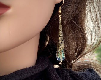 Gold Plate Victorian Filigree Earrings, with Aquamarine Colored Crystal in Antiqued Gold