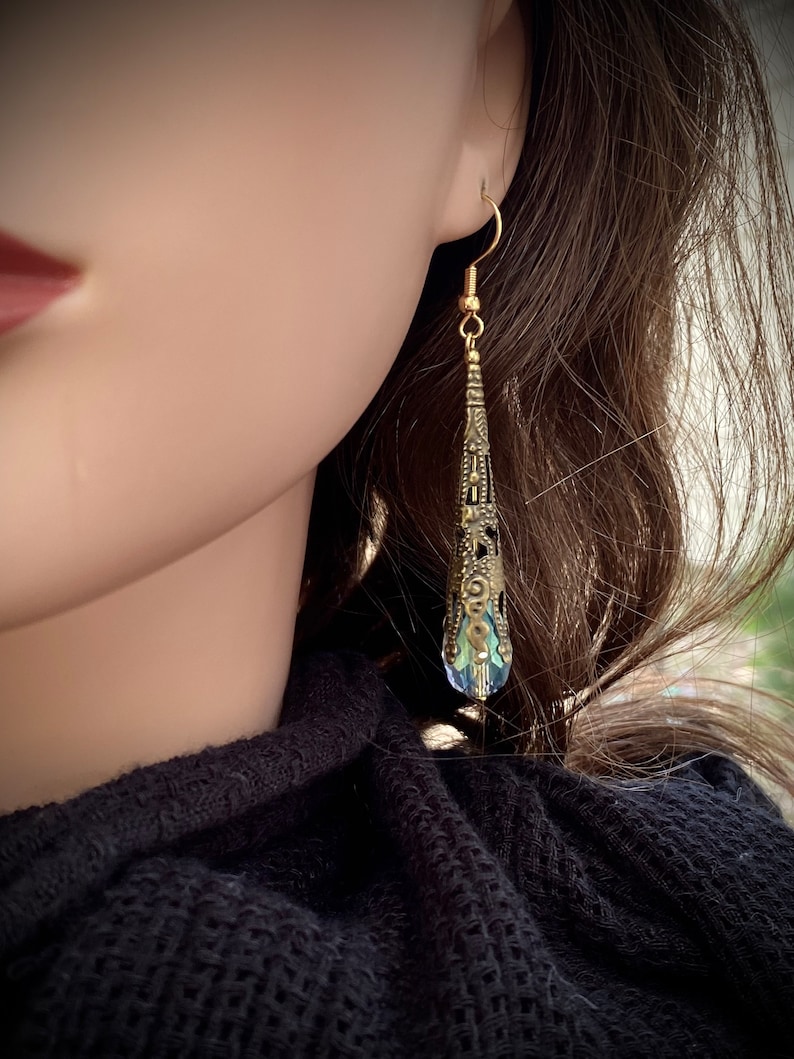 Gold Plate Victorian Filigree Earrings, with Aquamarine Colored Crystal in Antiqued Gold image 1