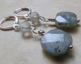 Silver Labradorite Dangle Earrings, Silver Plated Earrings with Huggie Hoop Ear Wire