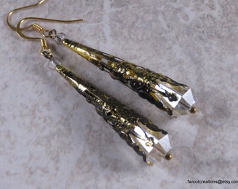 Victorian Filigree Earrings, with  Crystals in Antiqued Gold