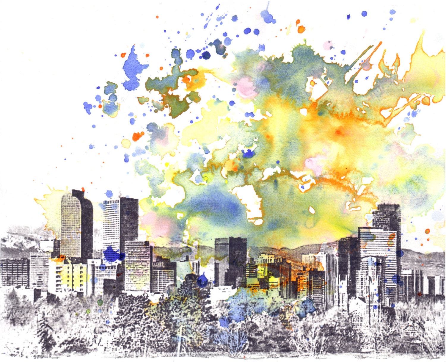 Denver Skyline Art Print Watercolor Painting Denver Art Print Etsy