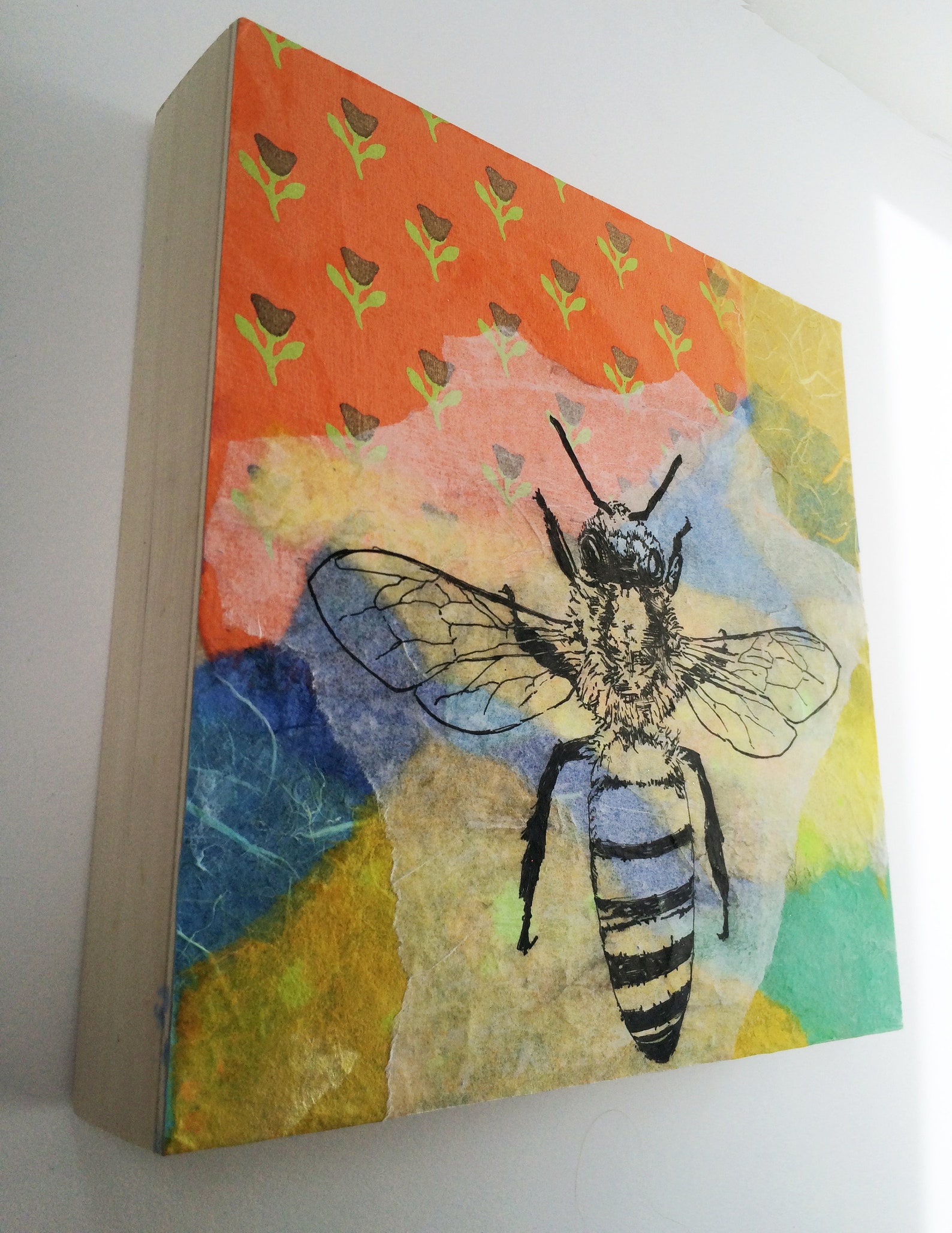 Honey Bee Original Painting Mixed Media Collage 8x8 in. Etsy