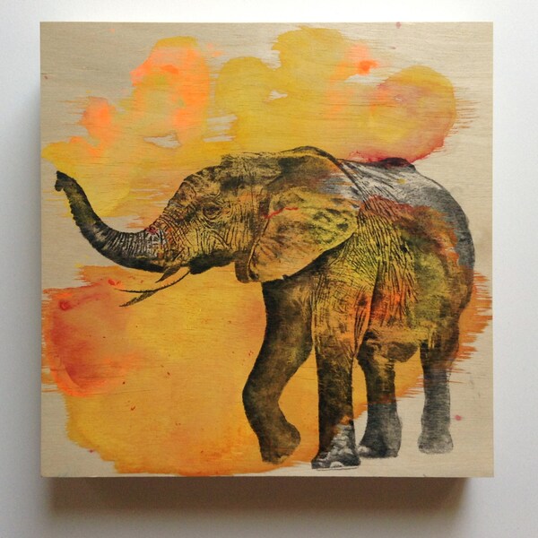 Elephant Art Original Animal Painting 8x8in Painting on Wood Wall Art Panel Great Room Nursery Decor For Kids and nursery art