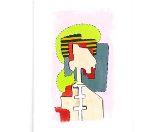 May include: Abstract art print featuring a stylized figure with a yellow, black, and red striped head, a white body, and a red and blue background.