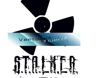 Peut inclure: Conception graphique en noir et blanc d'un symbole nucléaire stylisé avec le mot "STALKER" en police de caractères usée en dessous. Le texte "Didgtal files - svg. cdr. ai. dxf. png. pdf. jpg" est en dessous du graphique.