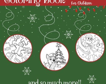 Può includere: Un libro da colorare digitale con sfondo verde e fiocchi di neve. La copertina presenta tre pagine da colorare: un omino di pan di zenzero, un cane con un albero di Natale e Babbo Natale su una slitta.