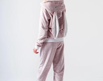 Fluffy Bunny Pajamas: Soft Plush Fleece Onesie with Long Ears, Cozy Hooded Loungewear Jumpsuit, Women Home Outfit Gift