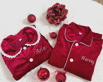 Personalized Red Velvet Christmas Outfit – Embroidered Family Matching Set