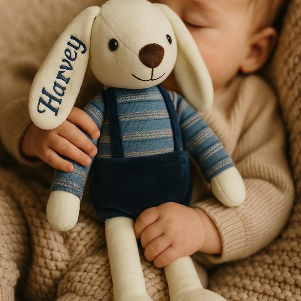 Personalised Bunny, Handmade Bunny Plush: Thoughtful Baby Shower Present with Custom Embroidery. Best Baby Gift