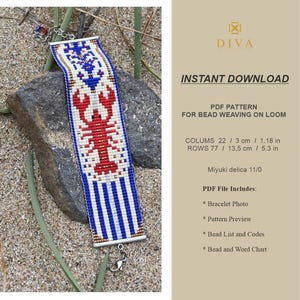 Peut inclure: Un bracelet de perles avec un motif de homard, aux couleurs rouge, blanc et bleu. Le bracelet mesure 3 cm de large et 13,5 cm de long. Le motif comprend un homard et des rayures. Le texte "INSTANT DOWNLOAD" est également présent.