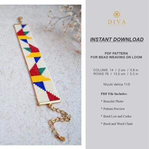 May include: A cream-coloured beaded bracelet with a geometric pattern in red, green, yellow, and blue. The bracelet is attached to a gold-coloured chain. The image includes text: "INSTANT DOWNLOAD" and "PDF PATTERN FOR BEAD WEAVING ON LOOM". The bracelet is 2 cm wide.