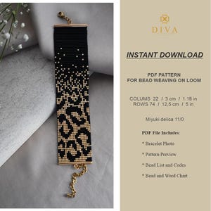 Può includere: Un braccialetto di perline nero e oro con un motivo leopardato. Il braccialetto è largo 3 cm e lungo 12,5 cm. L'immagine include anche il testo "DOWNLOAD IMMEDIATO" e "PDF PATTERN FOR BEAD WEAVING ON LOOM."