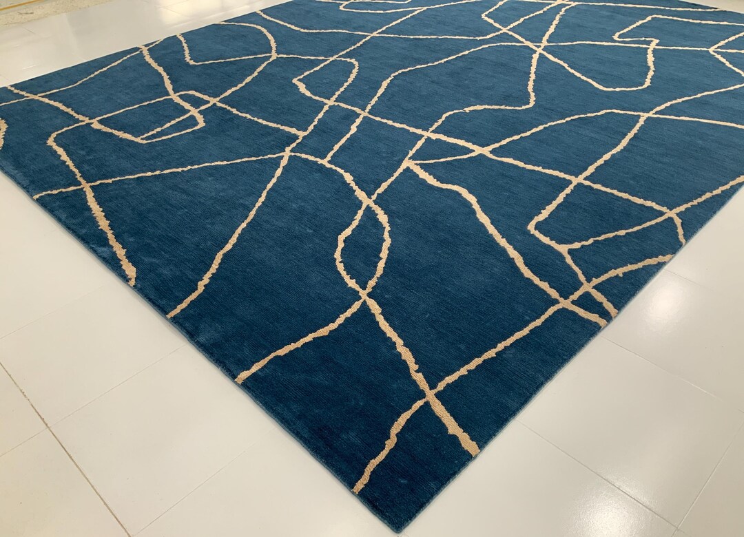 Modern Blue & Gold Abstract Rug Wool-viscose Rug-blue Rug With Gold ...