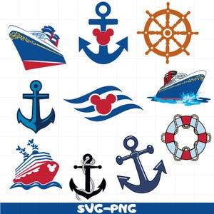 May include: A selection of nautical illustrations including cruise ships, anchors, a ship's wheel, and a life preserver. The designs use red, white, and blue, with a cartoon mouse head motif. The text "SVG-PNG" is at the bottom of the image.