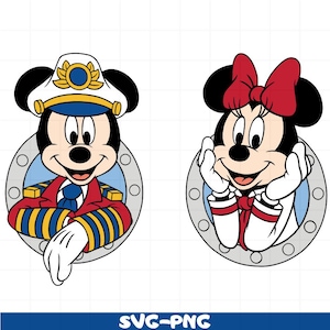 May include: Cartoon illustrations of Mickey Mouse and Minnie Mouse. Mickey is wearing a captain's hat and uniform, while Minnie has a red bow. Both are framed in a circular porthole design with a blue and white background.