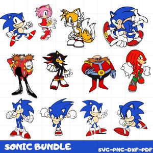 Sonic Characters SVG PNG Bundle, Retro Sonic Tails Amy Knuckles Shadow Eggman Clipart, Cricut DXF pdf Design for Shirt Crafts