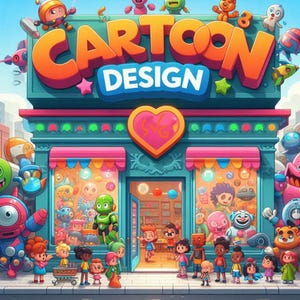 May include: A colorful storefront with the words "CARTOON DESIGN" above the entrance. The building is teal with pink awnings and a heart-shaped sign. Cartoon characters and children are in front of the store.
