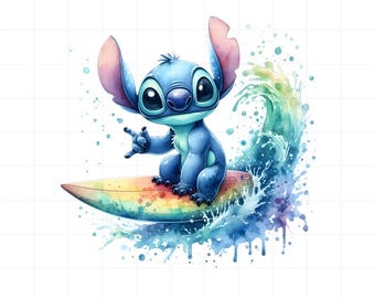 May include: A watercolour illustration of a blue cartoon character surfing on a rainbow surfboard. The character is making a shaka sign with its hand, with a wave of water behind it. The image has a white background.