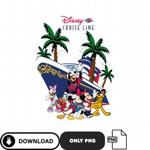 May include: A graphic featuring Disney characters on a cruise ship with palm trees. The Disney Cruise Line logo is at the top. Mickey Mouse, Minnie Mouse, Donald Duck, Daisy Duck, Goofy, and Pluto are depicted in the image.