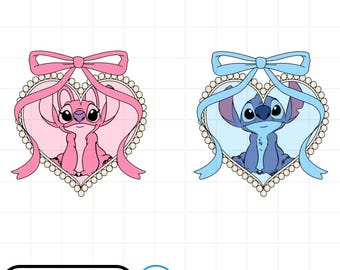 Könnte beinhalten: Zwei Zeichentrickfiguren, eine rosa und eine blaue, sind in herzförmigen Designs eingerahmt. Jedes Herz ist mit Perlen umrandet und mit einer Schleife verziert. Die rosa Figur befindet sich in einem rosa Herzen, und die blaue Figur befindet sich in einem blauen Herzen.