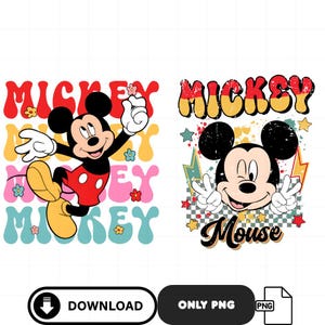 May include: Two colorful Mickey Mouse designs. One features Mickey in a dynamic pose with the word "Mickey" in a retro font. The other shows Mickey with peace signs and the word "Mouse". Both designs have a retro aesthetic.