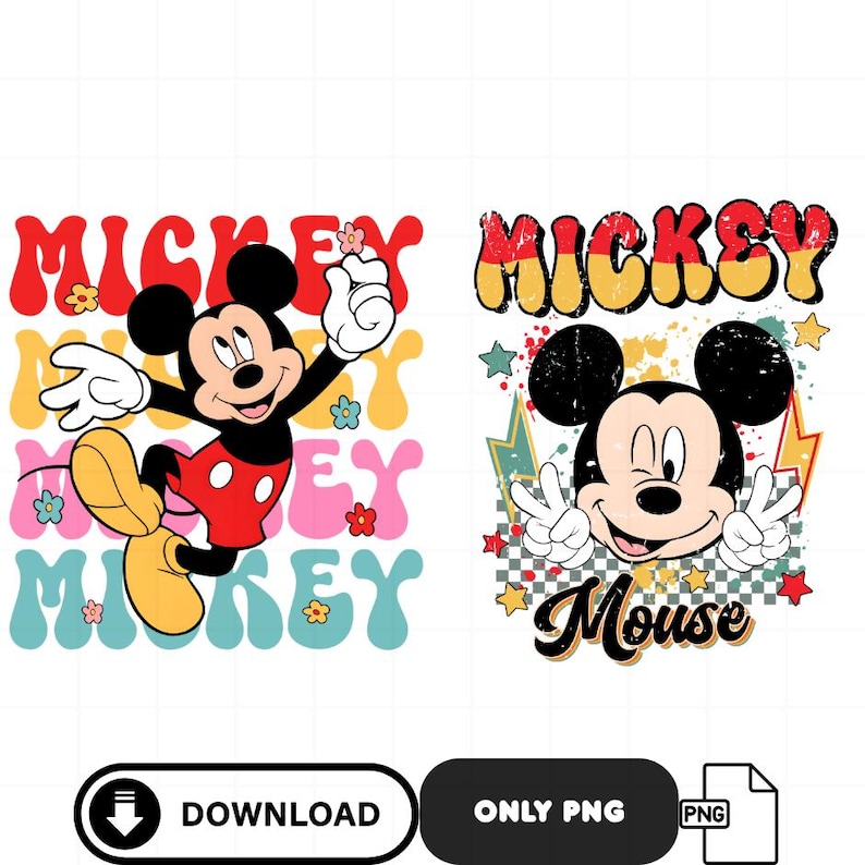 May include: Two colorful Mickey Mouse designs. One features Mickey in a dynamic pose with the word "Mickey" in a retro font. The other shows Mickey with peace signs and the word "Mouse". Both designs have a retro aesthetic.