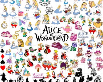 Könnte beinhalten: Eine Sammlung bunter Comic-Illustrationen mit Figuren aus Alice im Wunderland. Die Illustrationen zeigen Alice, den Hutmacher, die Herzkönigin, die Grinsekatze und andere Figuren aus der Geschichte. Der Text "Alice im Wunderland" ist in der Mitte des Bildes zu sehen.