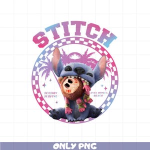May include: A blue cartoon character, Stitch, with a brown monkey in its mouth, set against a circular design with the word "STITCH" in pink and blue. The design includes palm trees and the text "SESSION SURFING" and "SANTA MONICA BEACH."