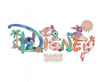 Disney 2025 PNG, Clipart de Stitch Tropical Surf, Letras Disney de Vacaciones de Verano, Arte de Lilo Stitch, Archivo Digital Lindo, Solo Descarga PNG