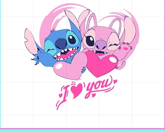 Stitch Angel Valentine SVG, ik hou van je hart ontwerp, schattig paar clipart, kawaii cartoon kunst, romantische digitale download, sublimatie png
