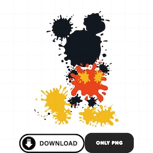 May include: A graphic design featuring a Mickey Mouse-like shape composed of black, orange, and yellow paint splatters. The design includes the words "DOWNLOAD" and "ONLY PNG" in a black and white oval.