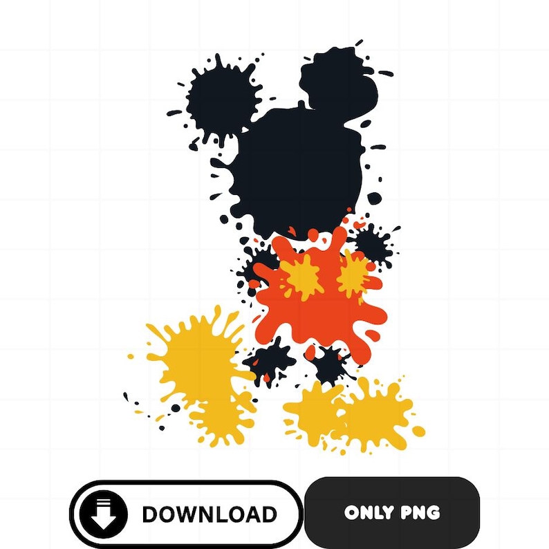 May include: A graphic design featuring a Mickey Mouse-like shape composed of black, orange, and yellow paint splatters. The design includes the words "DOWNLOAD" and "ONLY PNG" in a black and white oval.